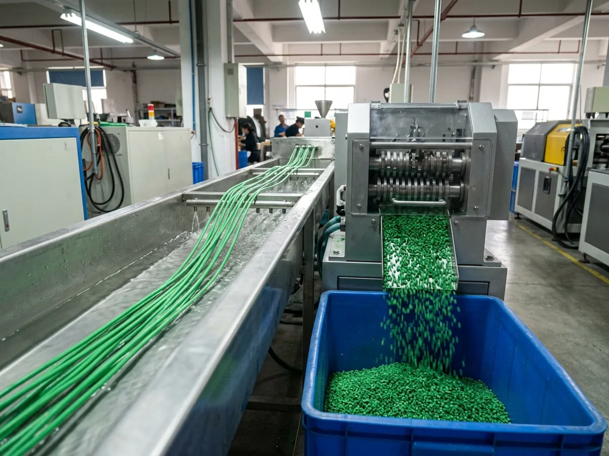 Extruded strands entering a water bath and pelletizer